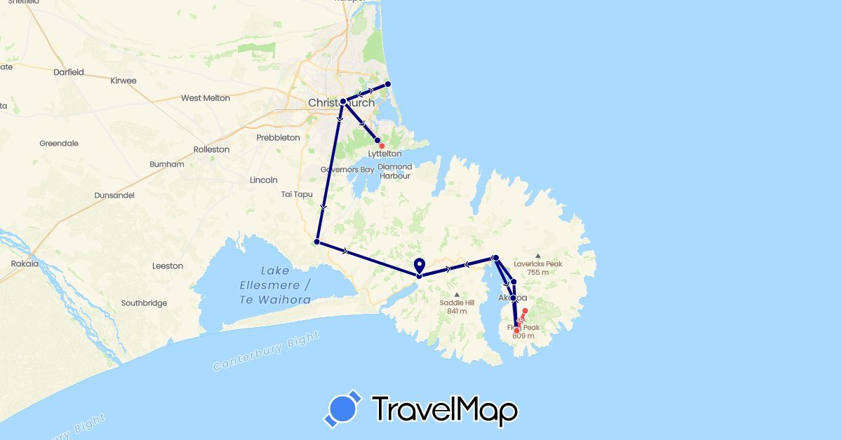 TravelMap itinerary: driving, hiking in New Zealand (Oceania)